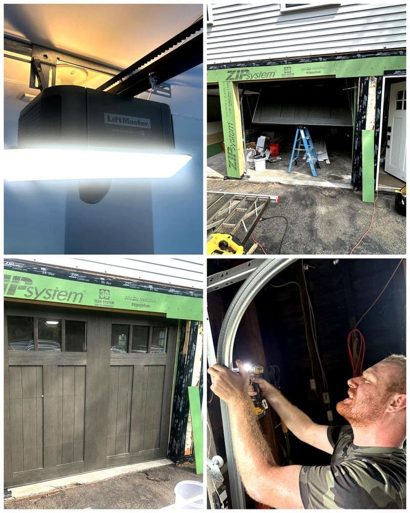 Collage of work: LiftMaster opener, new construction install, finished carriage door, and technician at work